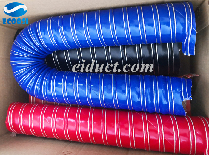 Ecoosi new design high-temperature silicone-coated double-layer fiberglass ventilation duct hoses are available in orange, red, black, grey, green, and blue colors.