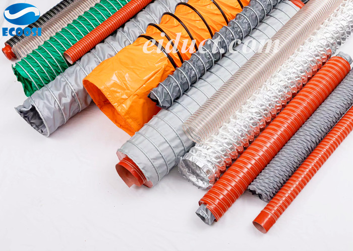 Ecoosi flexible ducting hoses are used in applications such as air ventilation, dust collection, solid waste, industrial fume exhaust, high-temperature ventilation, and lightweight materials handling.